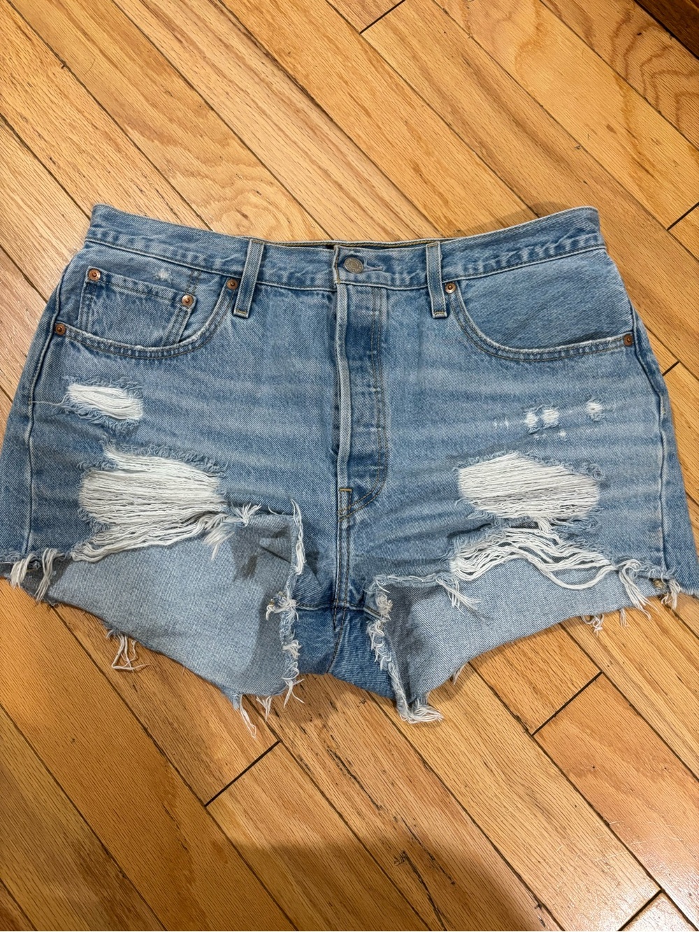 Levi’s 591 Distressed High-Waist Light Blue Denim Shorts